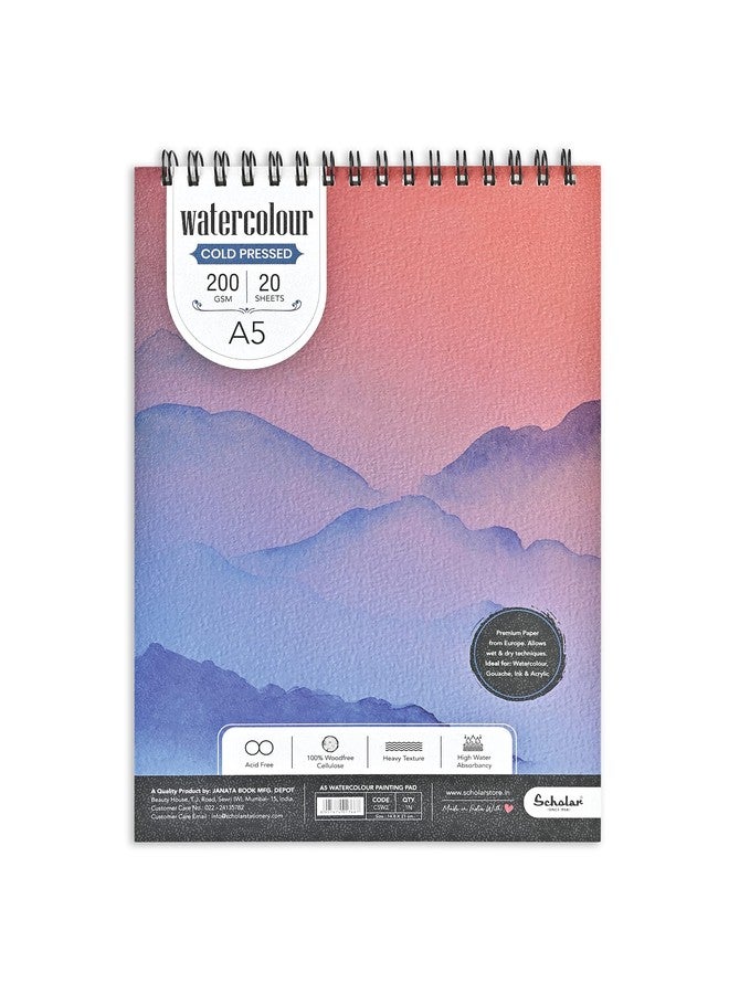 Scholar Watercolor Pad - 200 GSM Cold Pressed Special Watercolour Paper | Wire-O Bound Artist Pad for Watercolour, Ink, Washes & Mixed Media (A5) - Image 1